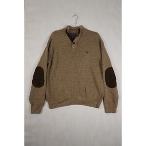 Chaps Knitted 1/4 Button Up Sweater Pullover With Elbow Patches Men's XL Brown